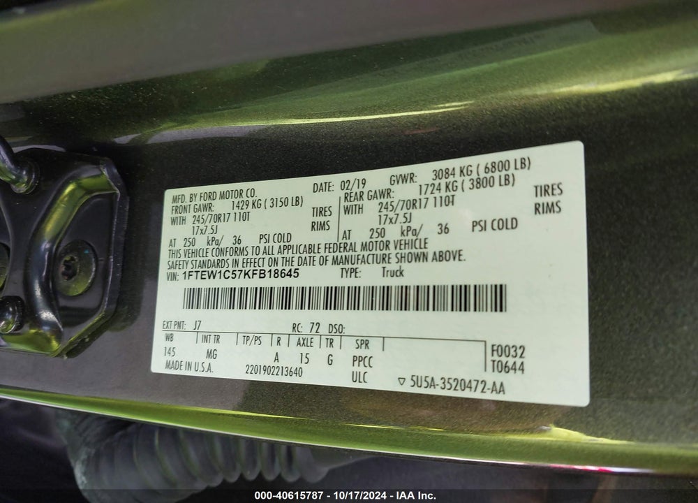 2019 FORD F-150 XLT VIN: 1FTEW1C57KFB18645