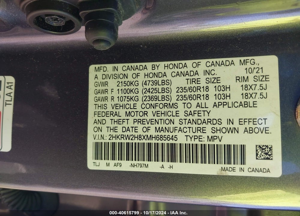 2021 HONDA CR-V AWD EX-L VIN: 2HKRW2H8XMH685645