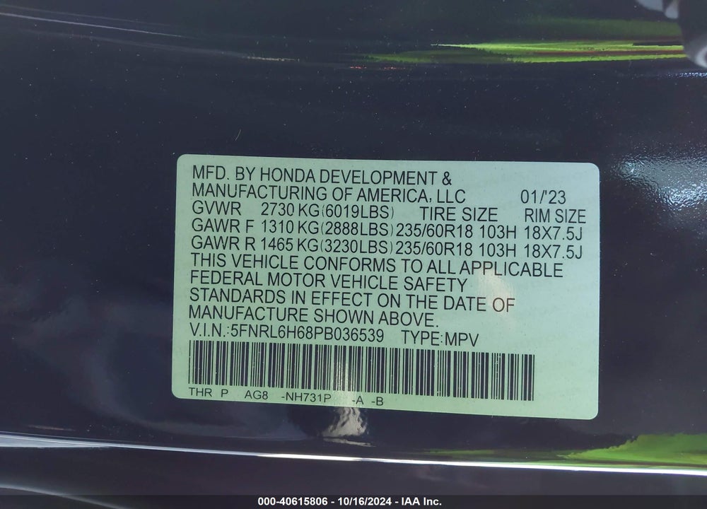 2023 HONDA ODYSSEY EX-L VIN: 5FNRL6H68PB036539