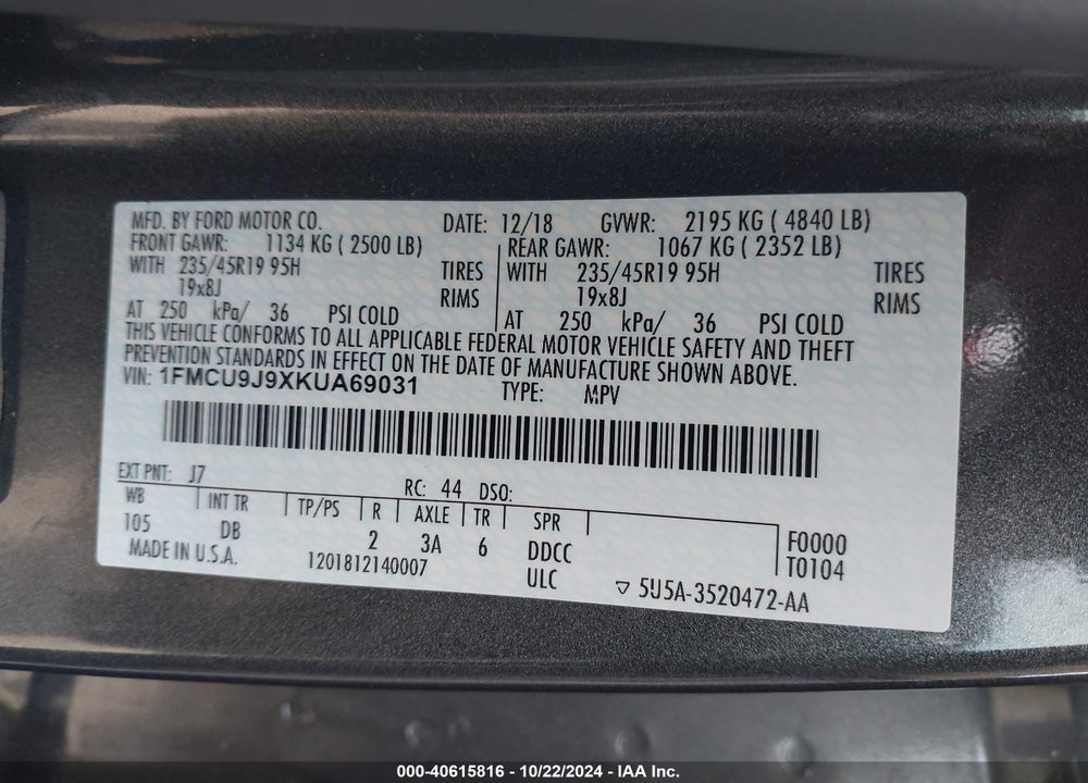 2019 FORD ESCAPE TITANIUM VIN: 1FMCU9J9XKUA69031