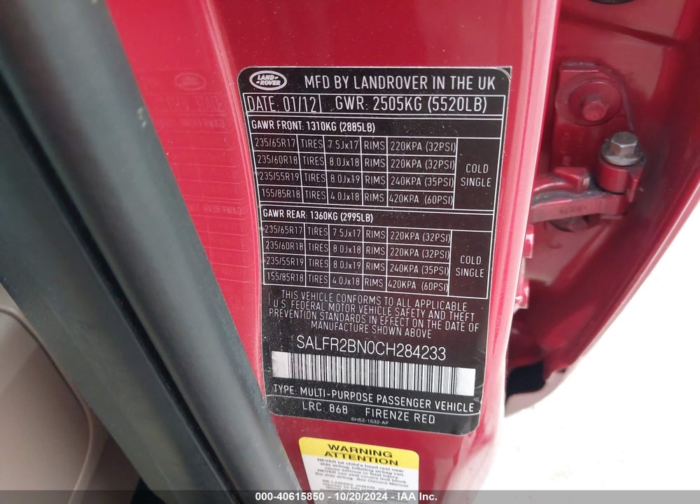 2012 LAND ROVER LR2 VIN: SALFR2BN0CH284233