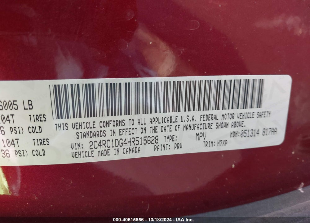 2017 CHRYSLER PACIFICA TOURING VIN: 2C4RC1DG4HR515628
