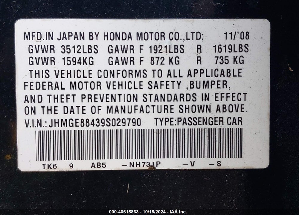 2009 HONDA FIT SPORT VIN: JHMGE88439S029790