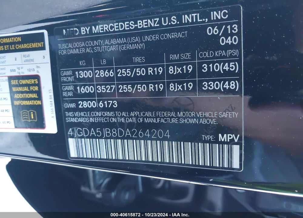 2013 MERCEDES-BENZ ML 350 VIN: 4JGDA5JB8DA264204