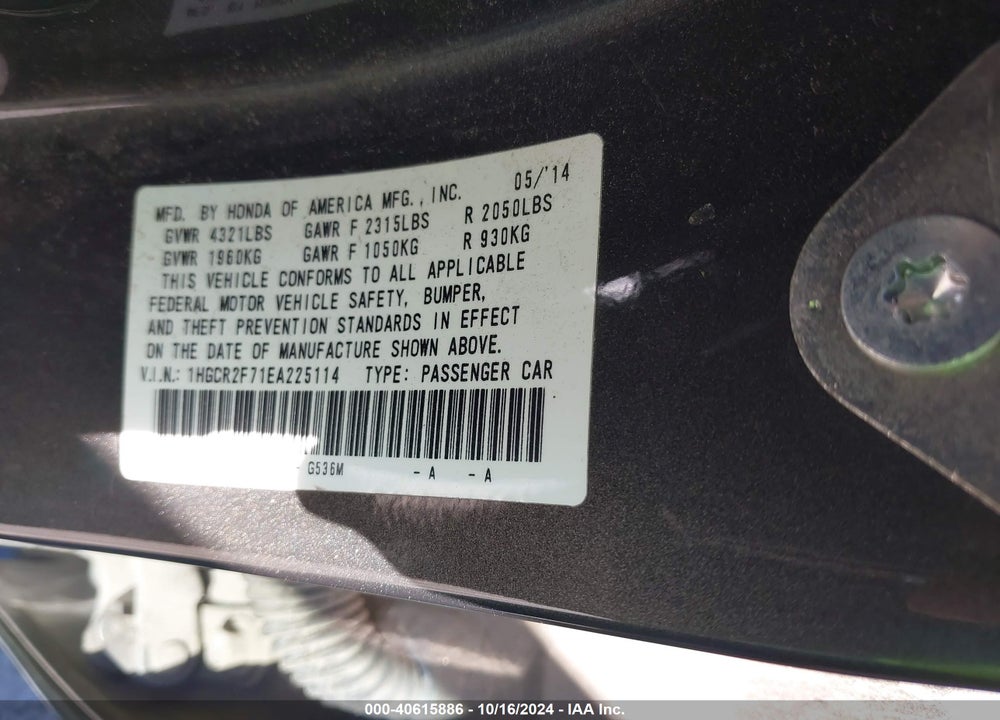 2014 HONDA ACCORD EX VIN: 1HGCR2F71EA225114