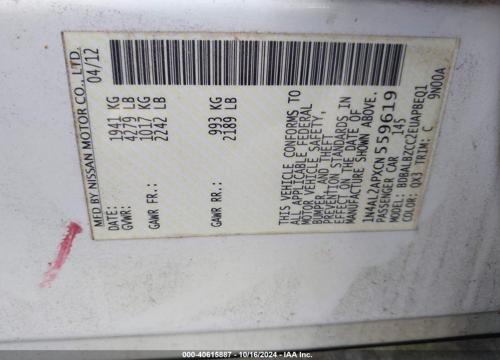 2012 NISSAN ALTIMA 2.5 S VIN: 1N4AL2APXCN559619