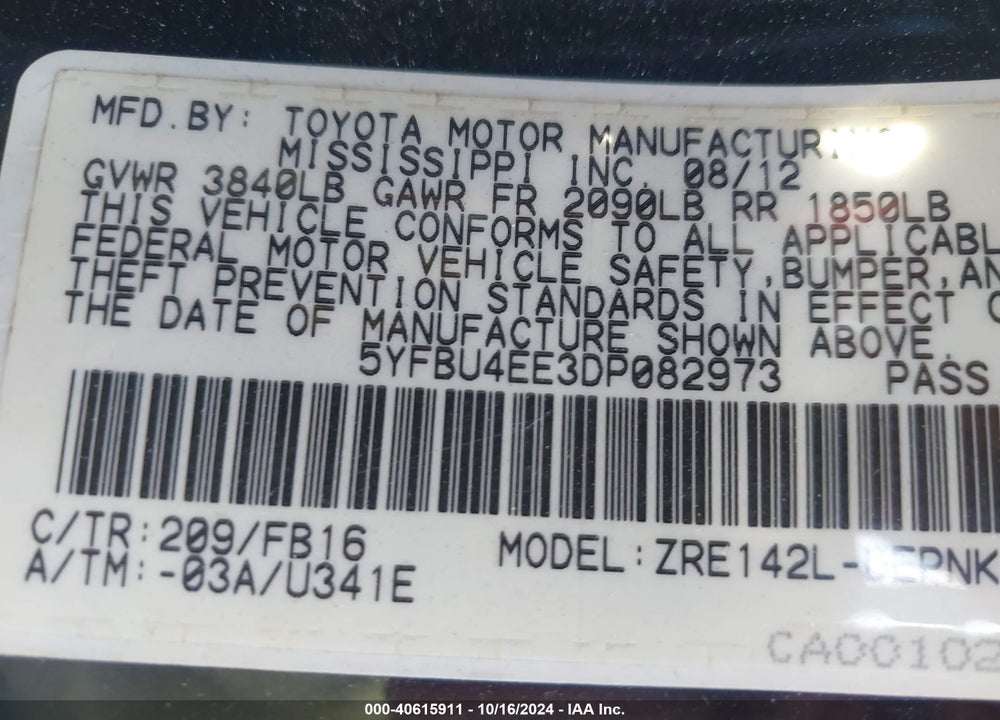 2013 TOYOTA COROLLA LE VIN: 5YFBU4EE3DP082973