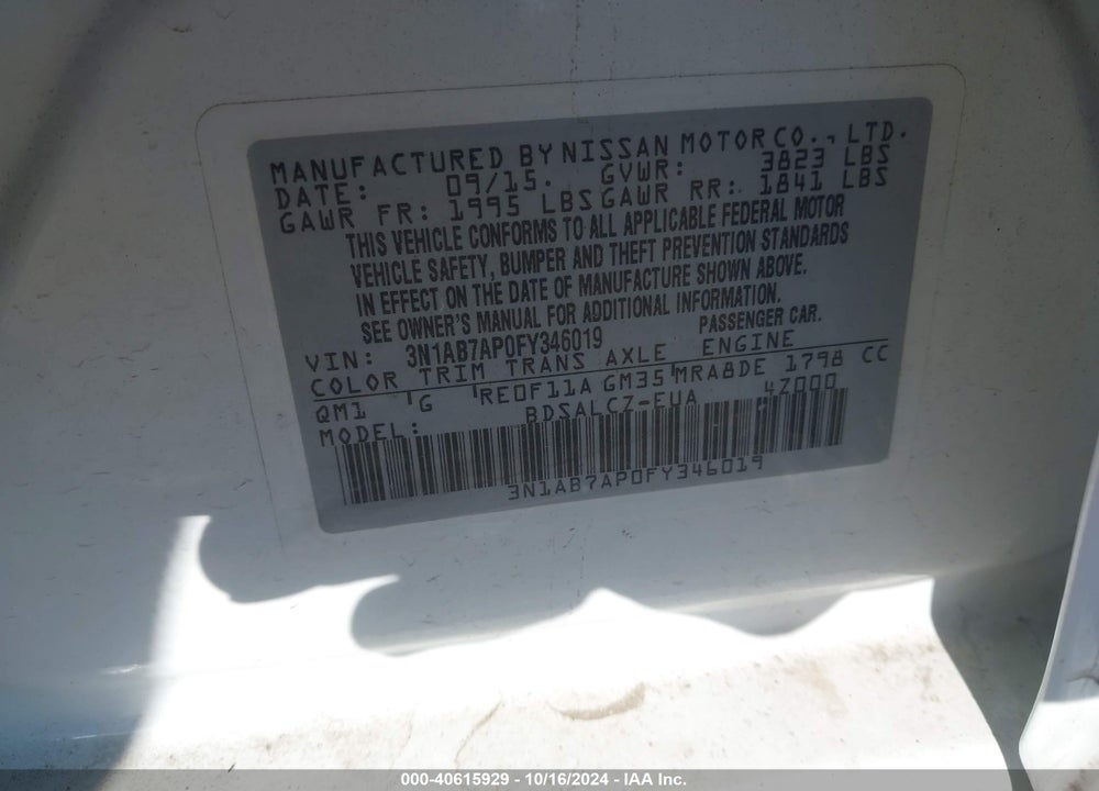 2015 NISSAN SENTRA S VIN: 3N1AB7AP0FY346019