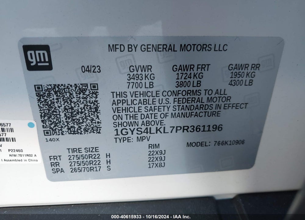 2023 CADILLAC ESCALADE ESV 4WD PREMIUM LUXURY VIN: 1GYS4LKL7PR361196