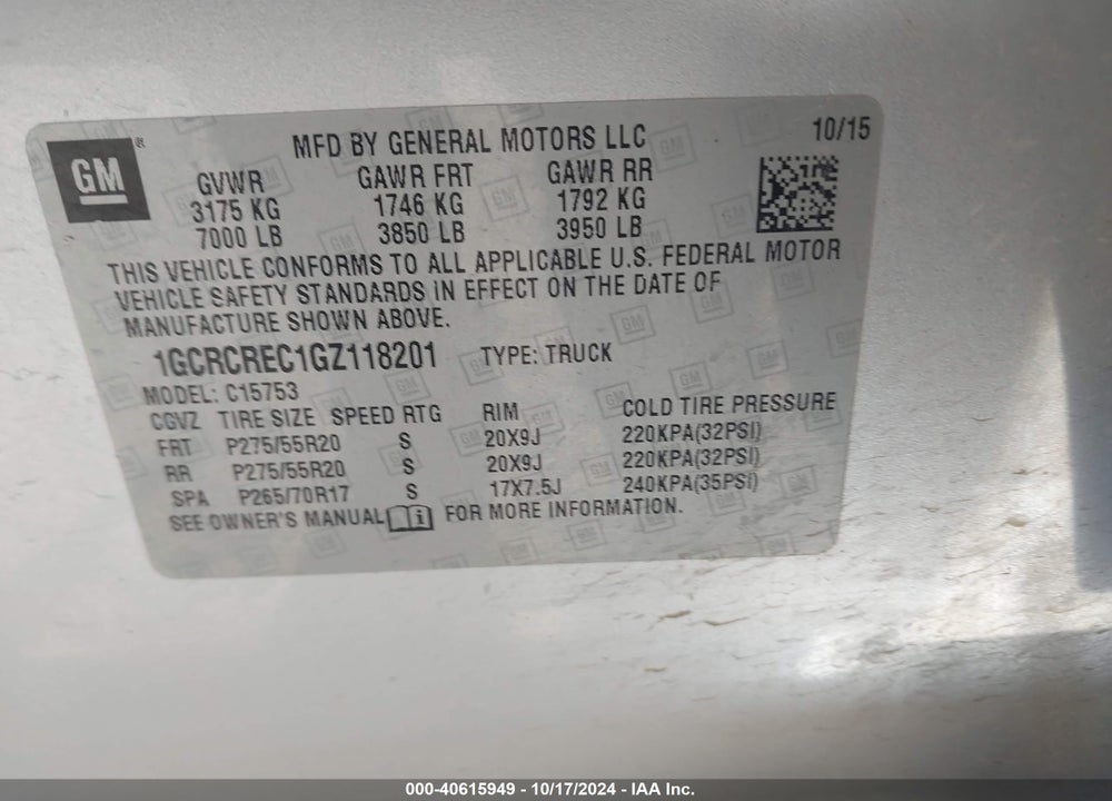 2016 CHEVROLET SILVERADO 1500 VIN: 1GCRCREC1GZ118201