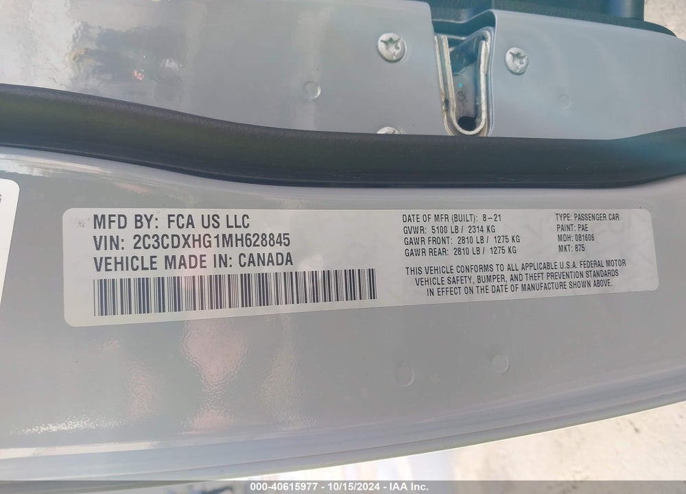 2021 DODGE CHARGER GT RWD VIN: 2C3CDXHG1MH628845