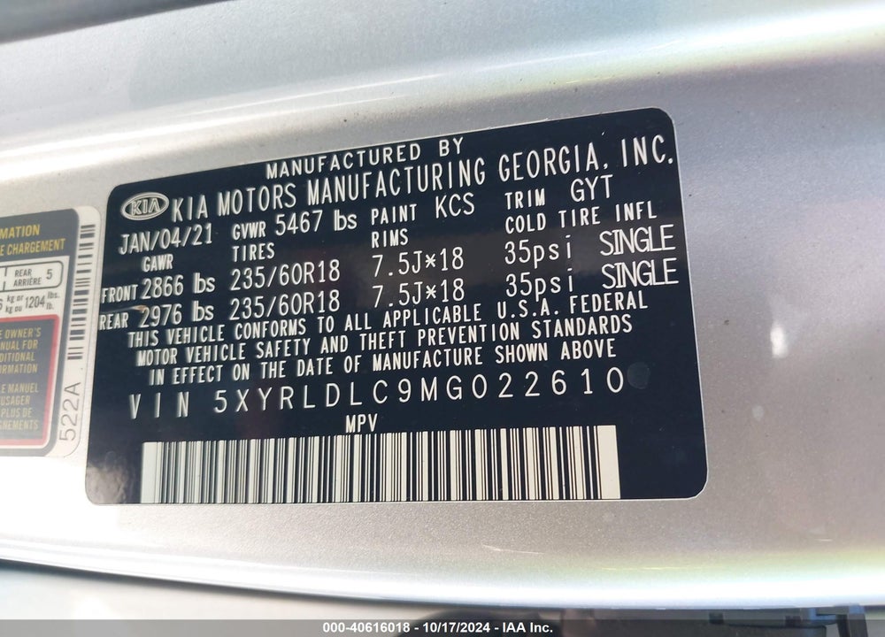 2021 KIA SORENTO S VIN: 5XYRLDLC9MG022610