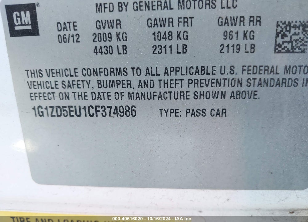 2012 CHEVROLET MALIBU 2LT VIN: 1G1ZD5EU1CF374986
