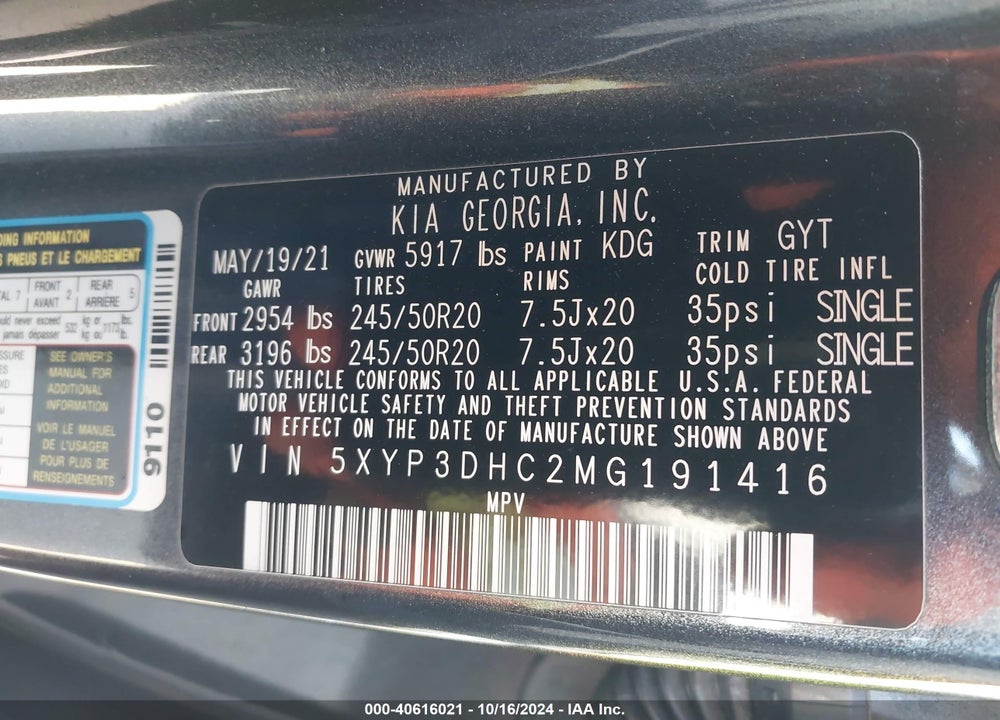 2021 KIA TELLURIDE EX VIN: 5XYP3DHC2MG191416