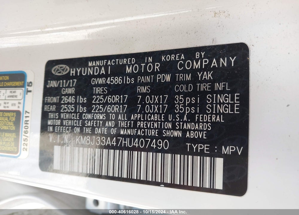 2017 HYUNDAI TUCSON SE VIN: KM8J33A47HU407490