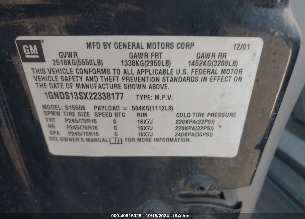 2002 CHEVROLET TRAILBLAZER LS VIN: 1GNDS13SX22338177