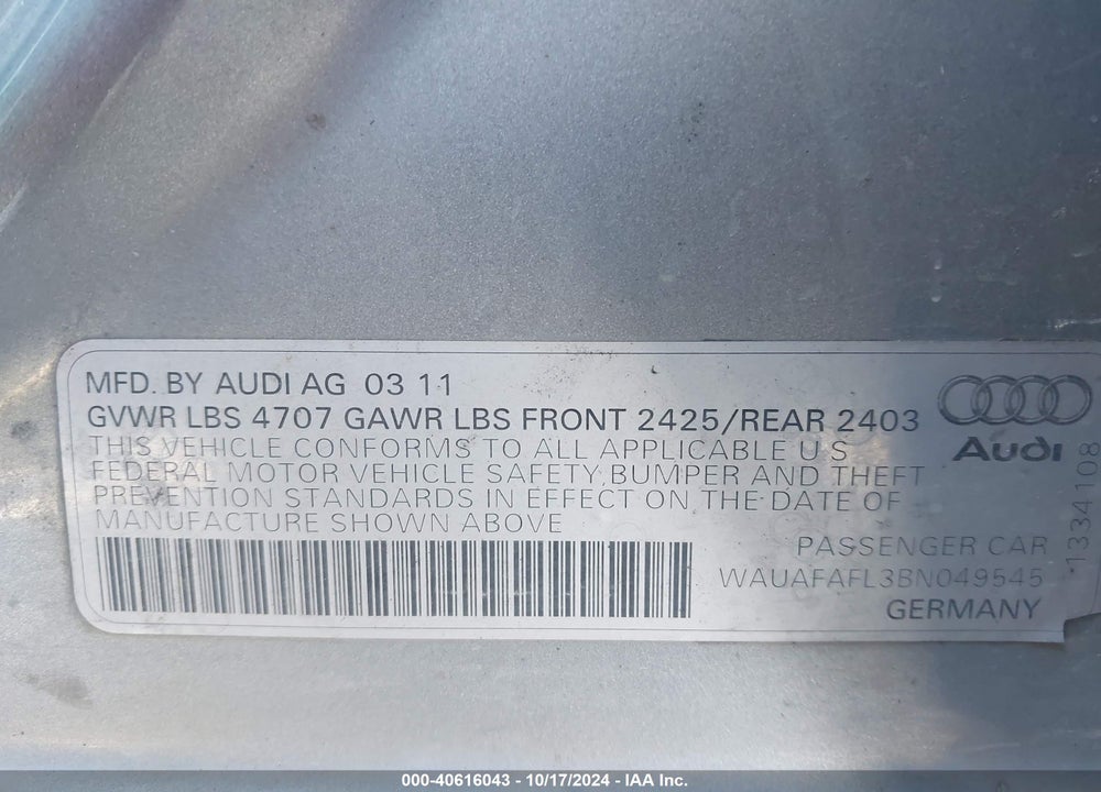 2011 AUDI A4 2.0T PREMIUM VIN: WAUAFAFL3BN049545