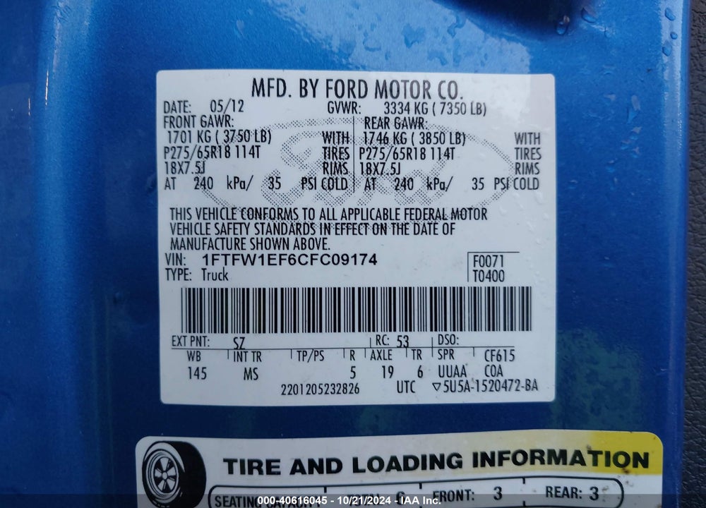 2012 FORD F-150 XLT VIN: 1FTFW1EF6CFC09174