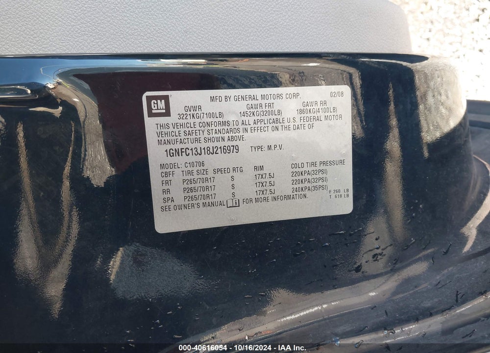 2008 CHEVROLET TAHOE LT VIN: 1GNFC13J18J216979