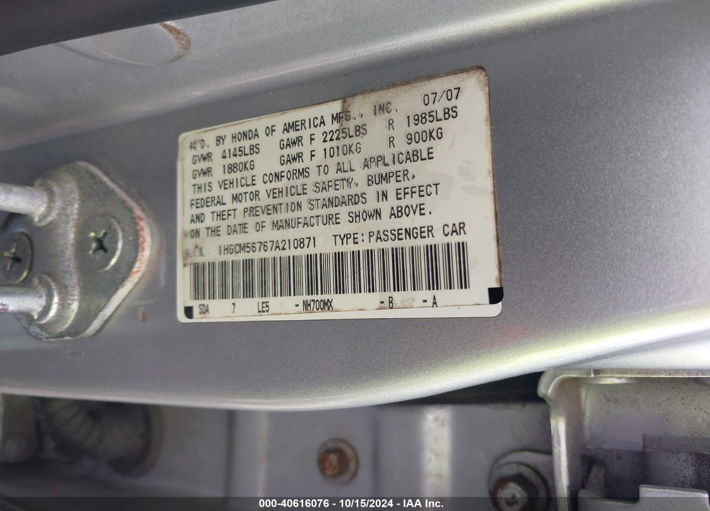 2007 HONDA ACCORD 2.4 EX VIN: 1HGCM56767A210871