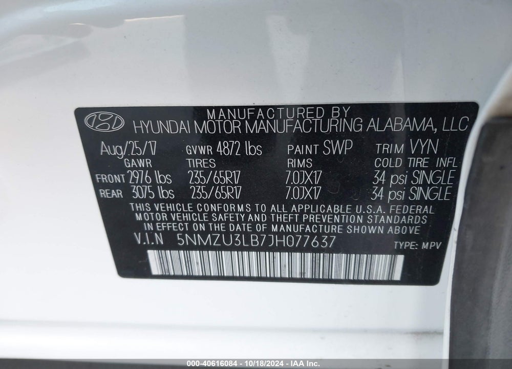 2018 HYUNDAI SANTA FE SPORT 2.4L VIN: 5NMZU3LB7JH077637