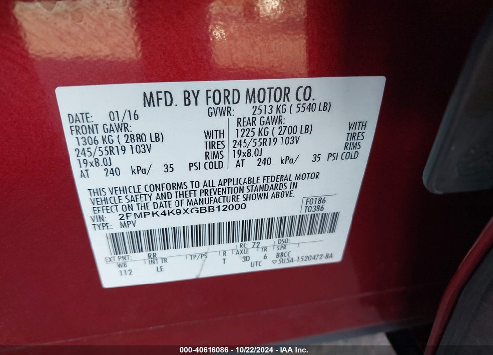 2016 FORD EDGE TITANIUM VIN: 2FMPK4K9XGBB12000