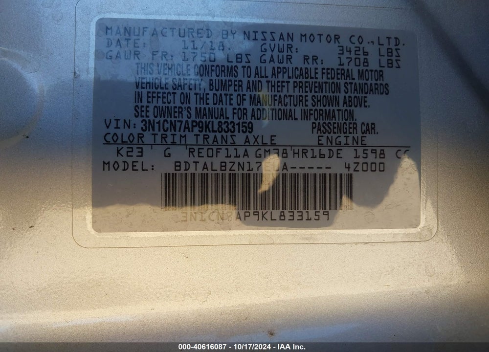 2019 NISSAN VERSA 1.6 SV VIN: 3N1CN7AP9KL833159