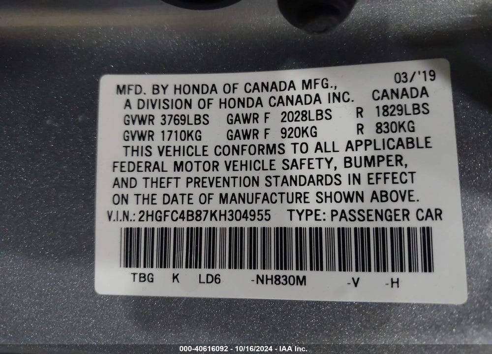 2019 HONDA CIVIC SPORT VIN: 2HGFC4B87KH304955