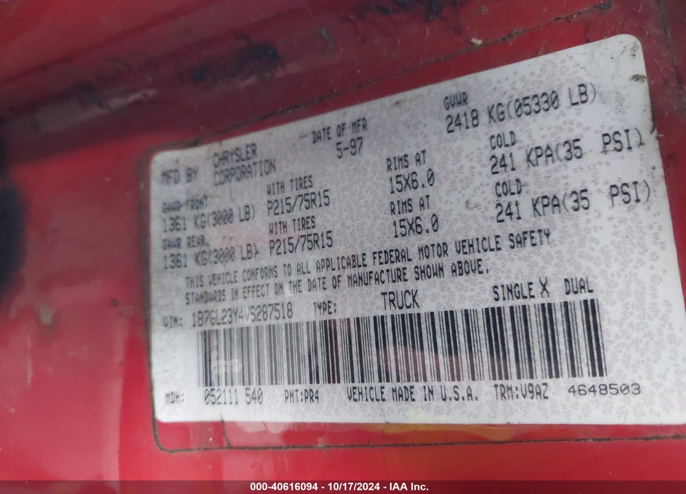1997 DODGE DAKOTA SLT/SPORT VIN: 1B7GL23Y4VS287518