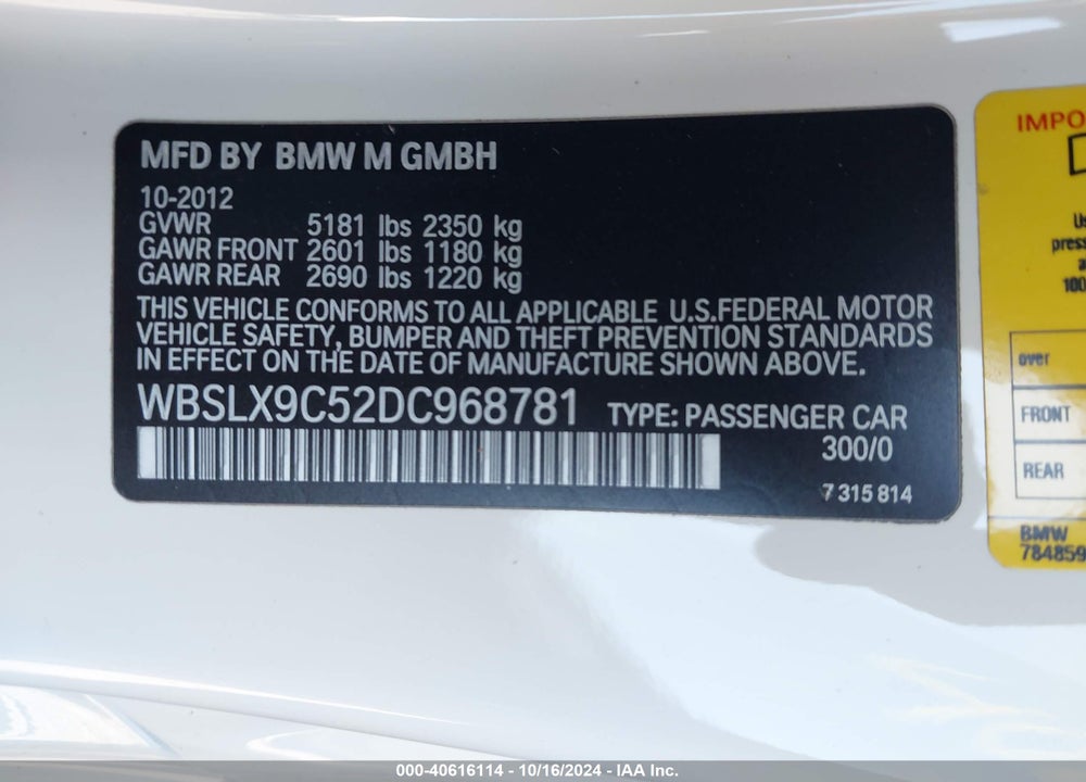 2013 BMW M6 VIN: WBSLX9C52DC968781