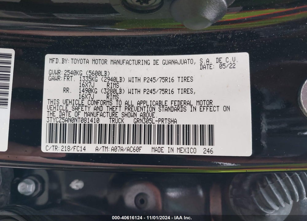 2022 TOYOTA TACOMA SR5 V6 VIN: 3TYCZ5AN0NT081410