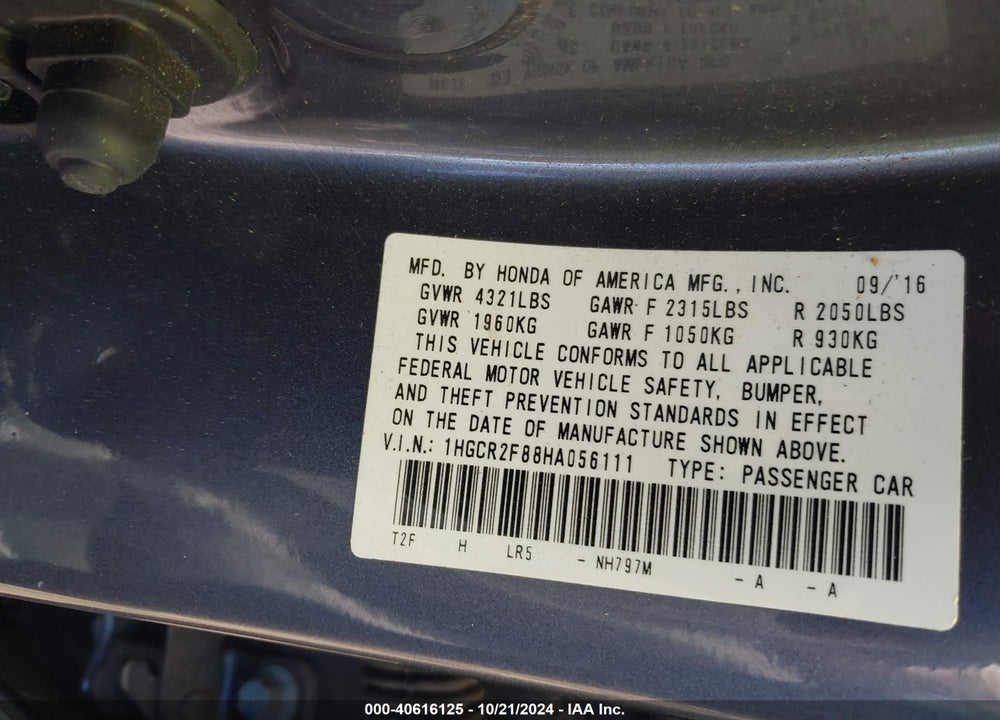 2017 HONDA ACCORD EX-L VIN: 1HGCR2F88HA056111