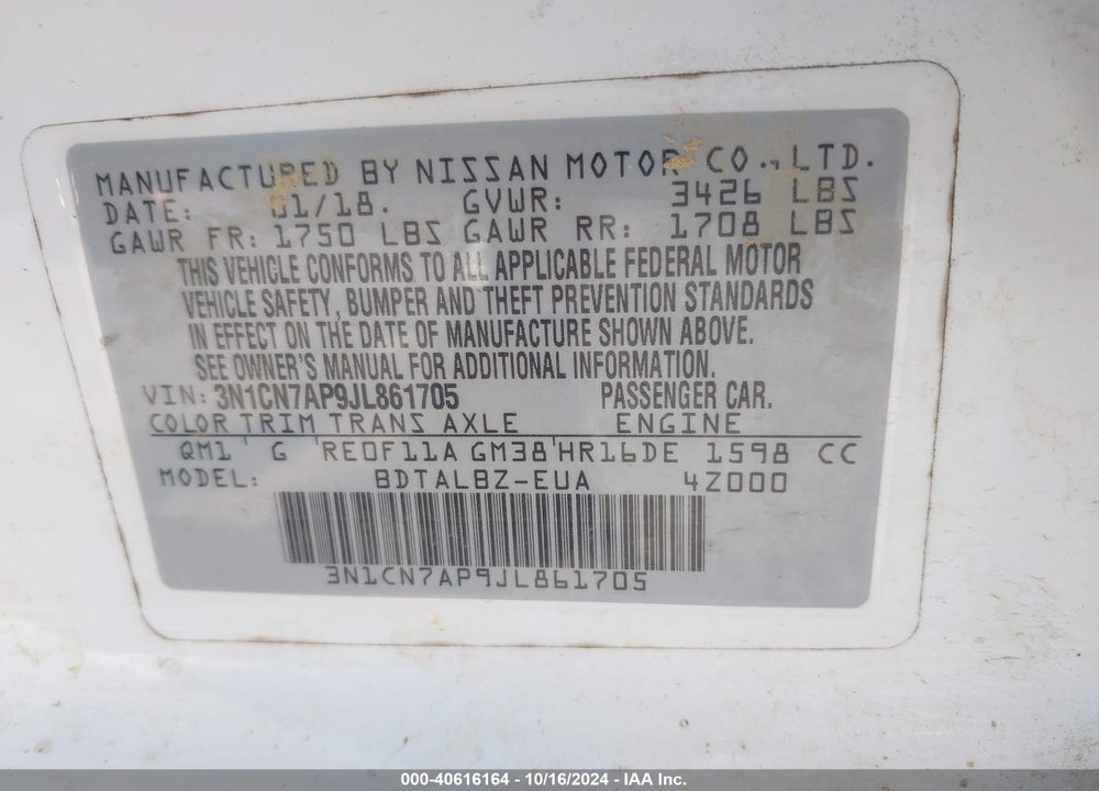 2018 NISSAN VERSA 1.6 SV VIN: 3N1CN7AP9JL861705