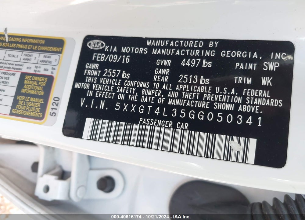 2016 KIA OPTIMA LX VIN: 5XXGT4L35GG050341