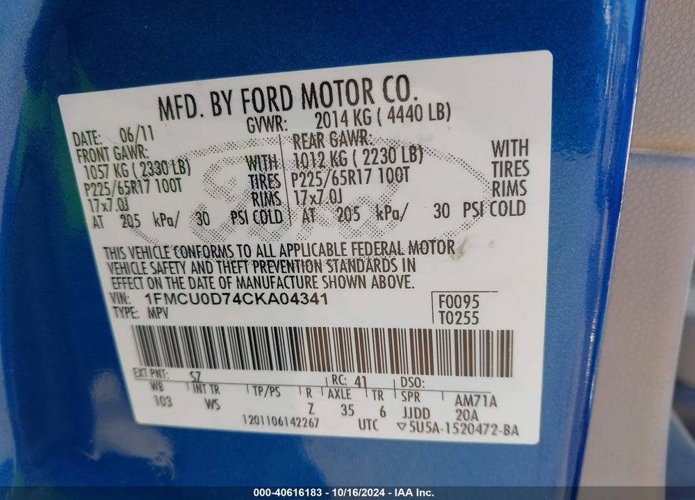 2012 FORD ESCAPE XLT VIN: 1FMCU0D74CKA04341
