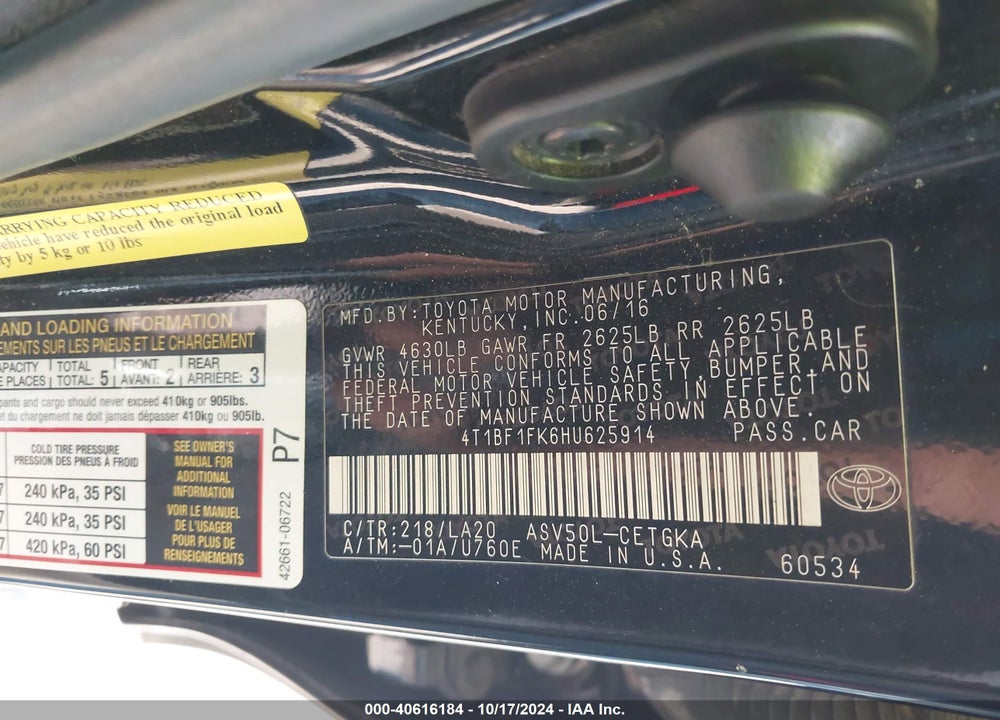 2017 TOYOTA CAMRY XLE VIN: 4T1BF1FK6HU625914