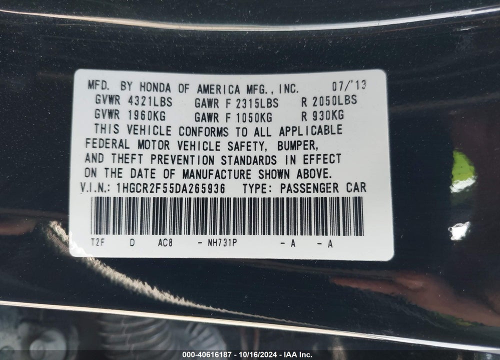 2013 HONDA ACCORD SPORT VIN: 1HGCR2F55DA265936