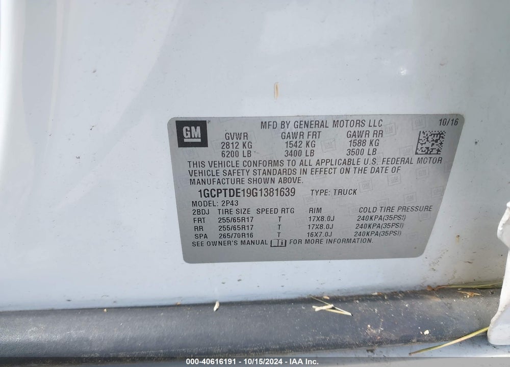 2016 CHEVROLET COLORADO VIN: 1GCPTDE19G1381639