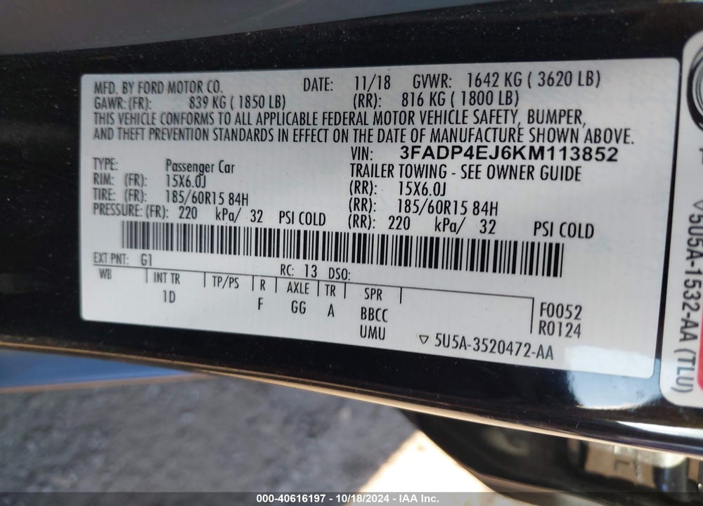 2019 FORD FIESTA SE VIN: 3FADP4EJ6KM113852