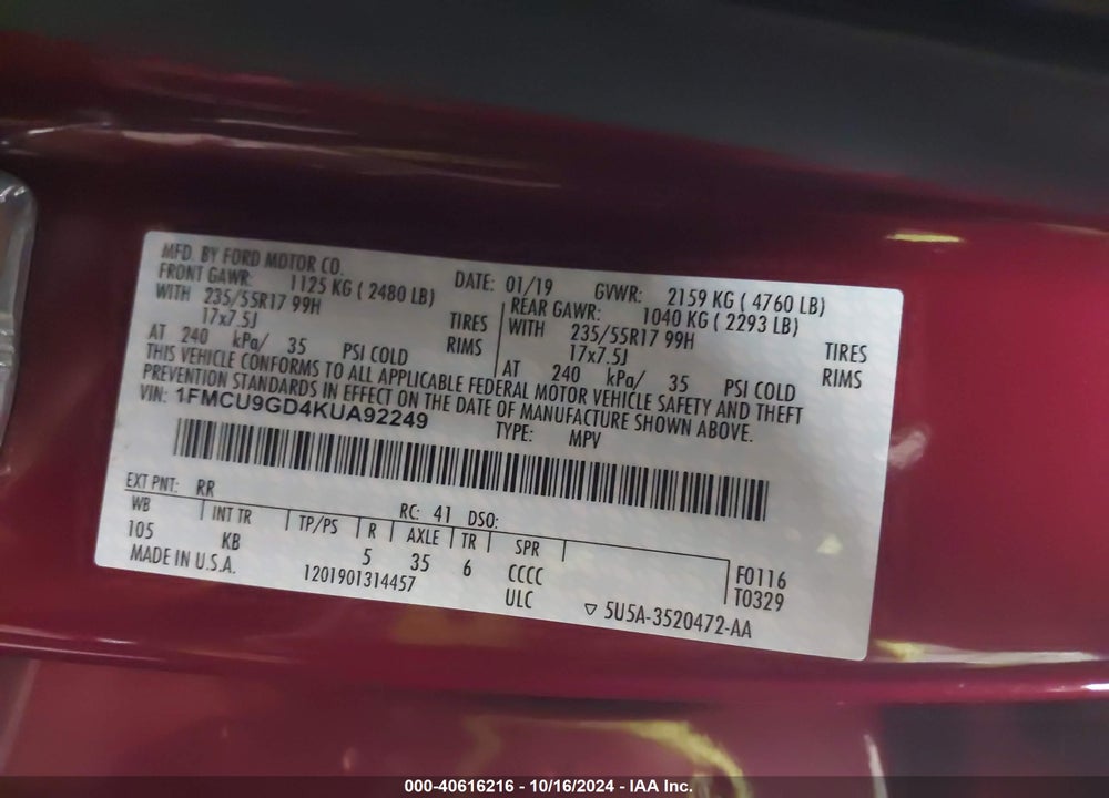 2019 FORD ESCAPE SE VIN: 1FMCU9GD4KUA92249