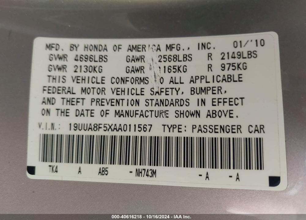 2010 ACURA TL 3.5 VIN: 19UUA8F5XAA011567