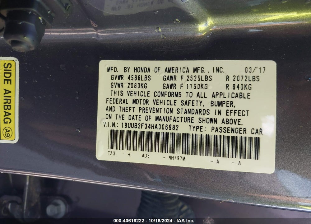 2017 ACURA TLX V6 VIN: 19UUB2F34HA006982