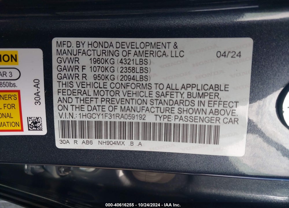 2024 HONDA ACCORD EX VIN: 1HGCY1F31RA059192