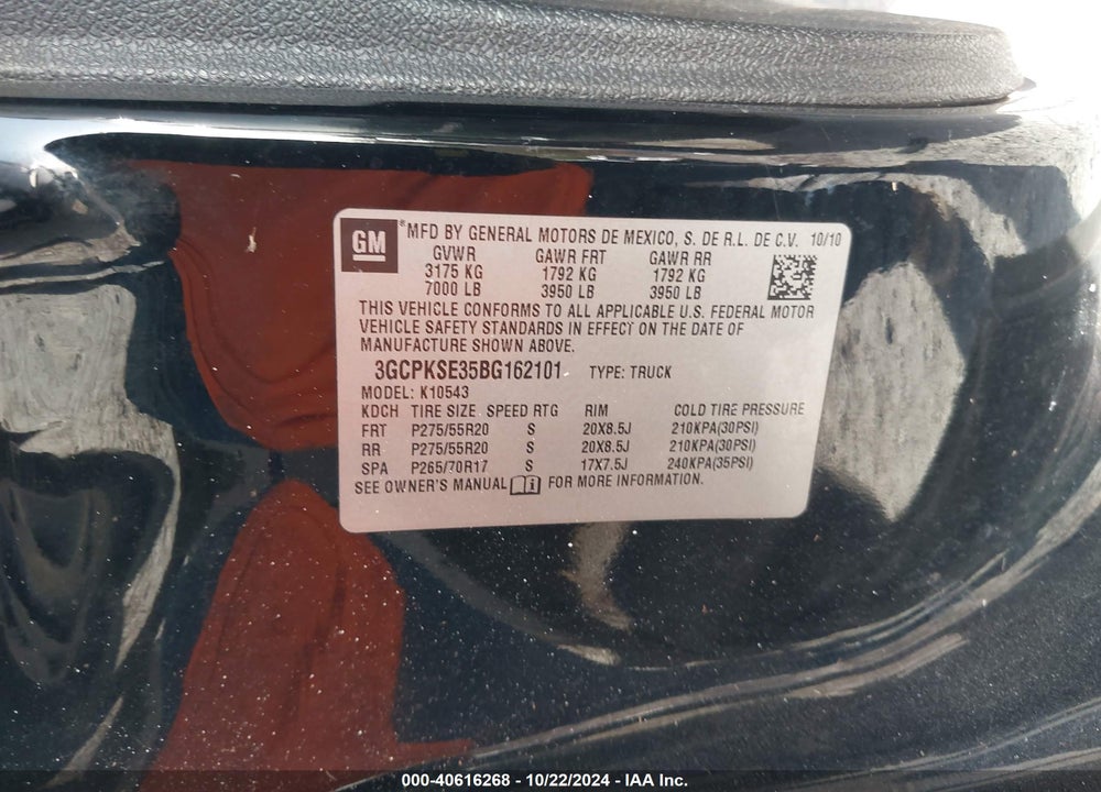 2011 CHEVROLET SILVERADO 1500 LT VIN: 3GCPKSE35BG162101