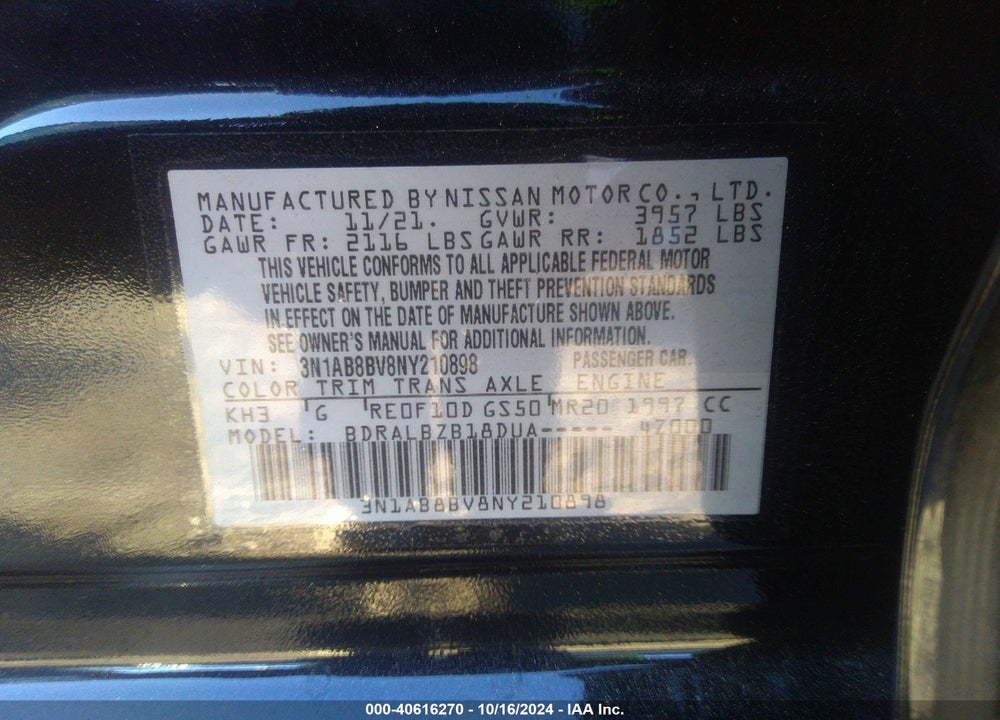 2022 NISSAN SENTRA S XTRONIC CVT VIN: 3N1AB8BV8NY210898