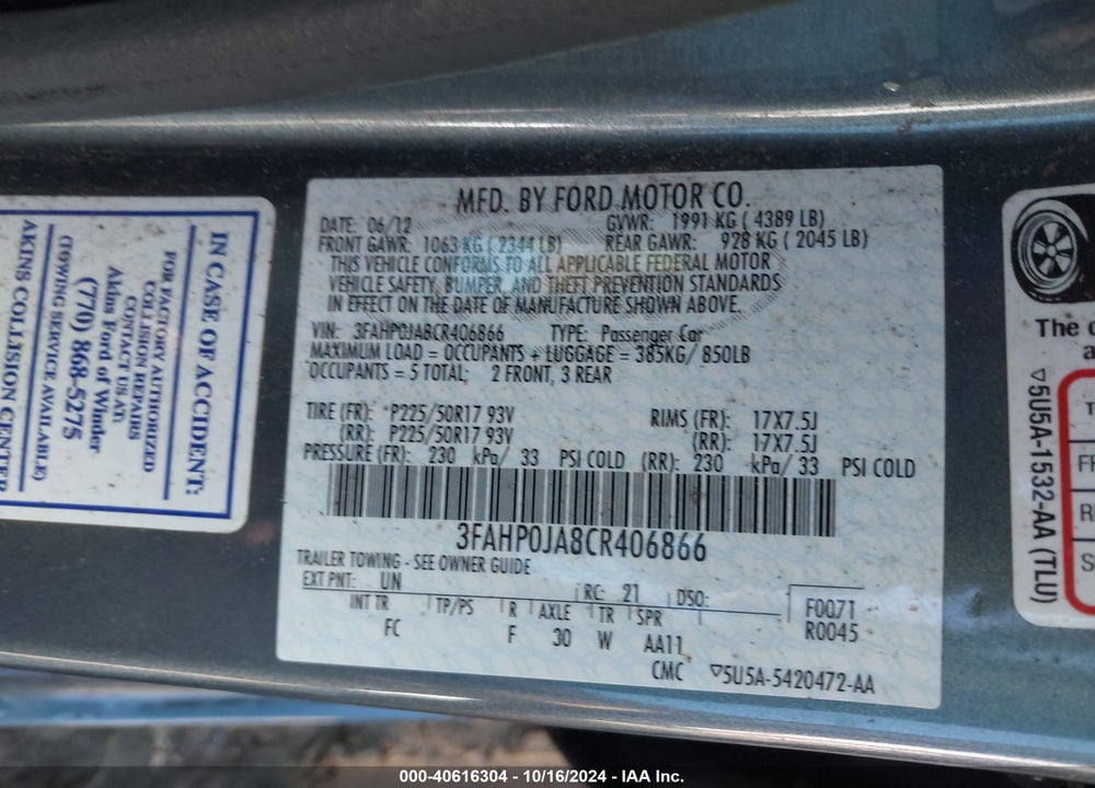 2012 FORD FUSION SEL VIN: 3FAHP0JA8CR406866