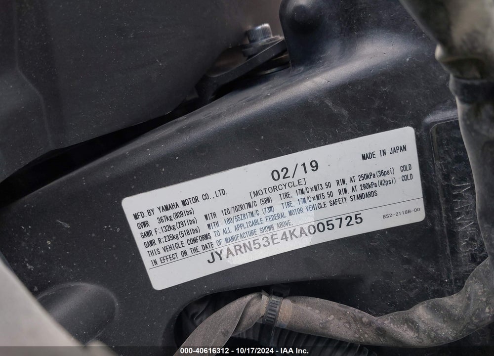 2019 YAMAHA MT09 VIN: JYARN53E4KA005725