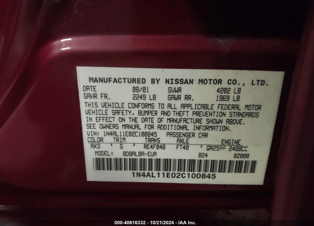 2002 NISSAN ALTIMA 2.5 SL VIN: 1N4AL11E02C100845