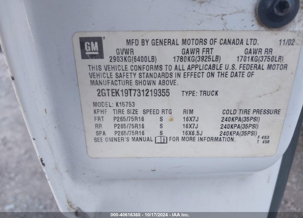 2003 GMC SIERRA 1500 SLT VIN: 2GTEK19T731219355