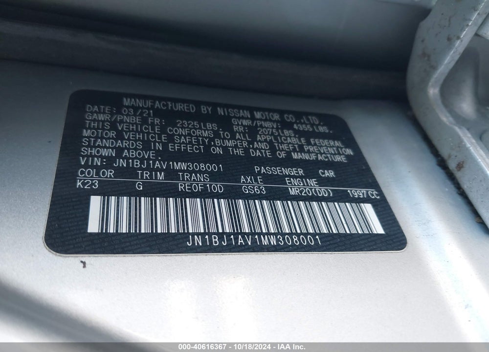 2021 NISSAN ROGUE SPORT S FWD XTRONIC CVT VIN: JN1BJ1AV1MW308001